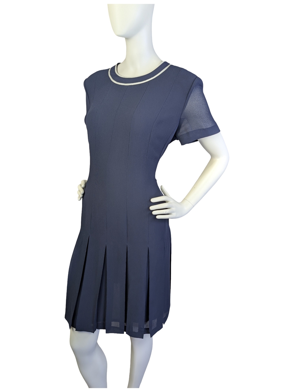 Vintage 90s Navy Pleated Dress Sheer Sleeves | Preppy Grunge Academia | Size 12 - Picture 4 of 10
